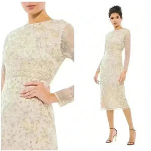 MAC DUGGAL Women's beaded Tea Length Dress w/ Sheer Sleeves Size 8 NWOT